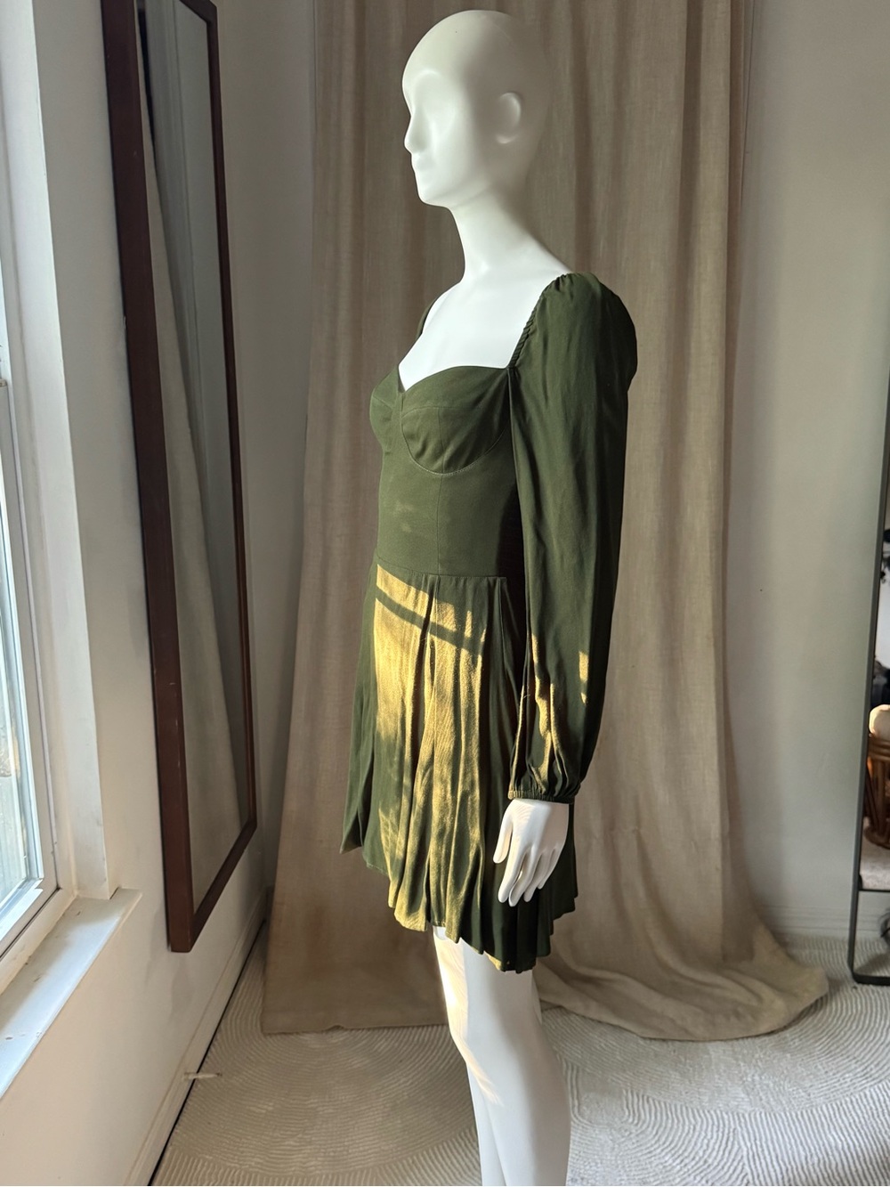 Reformation Olive Green Long-Sleeve Sweetheart Mini Dress - Picture 2 of 4